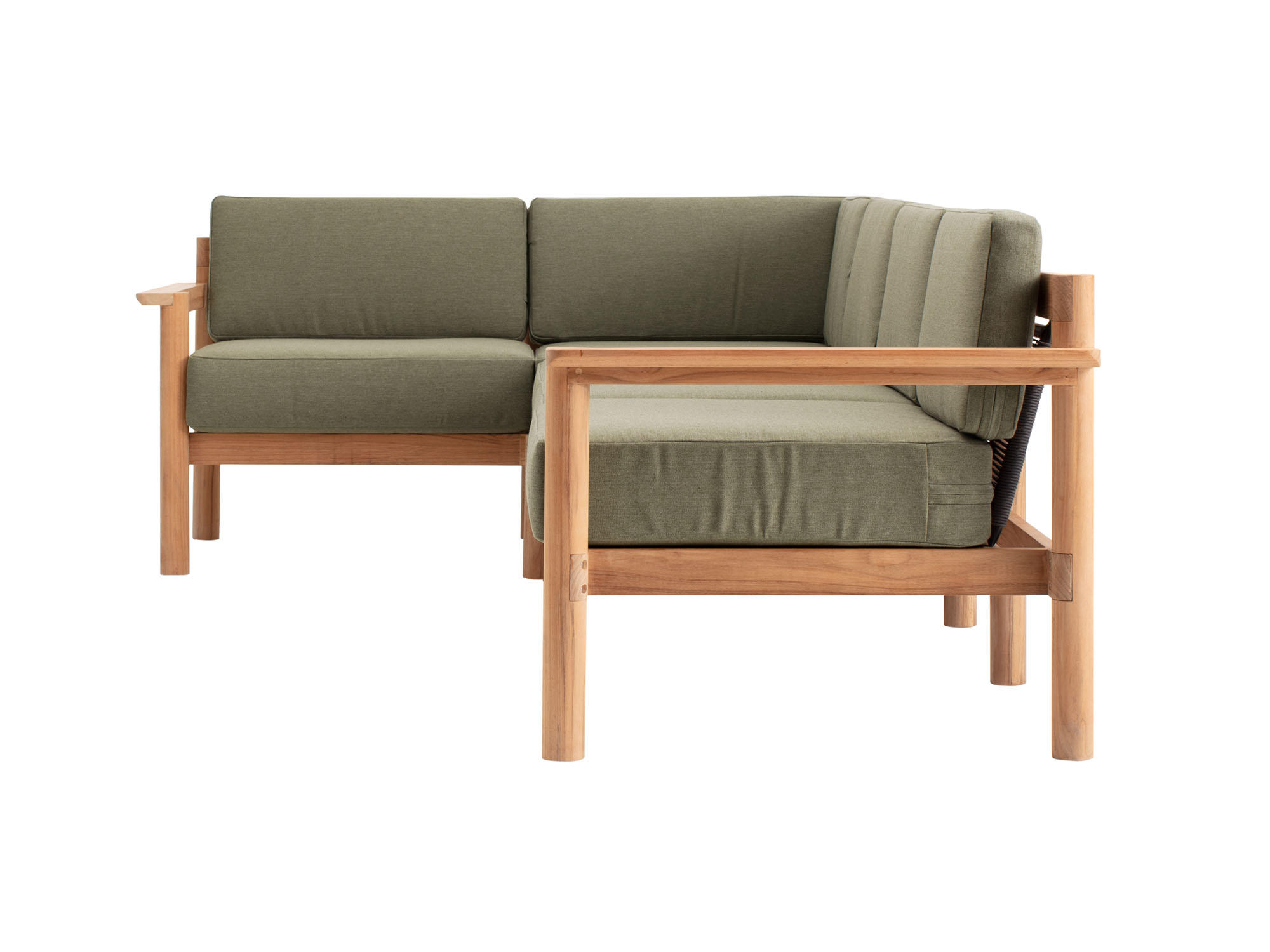 Side view of 5-piece outdoor sectional with green cushions